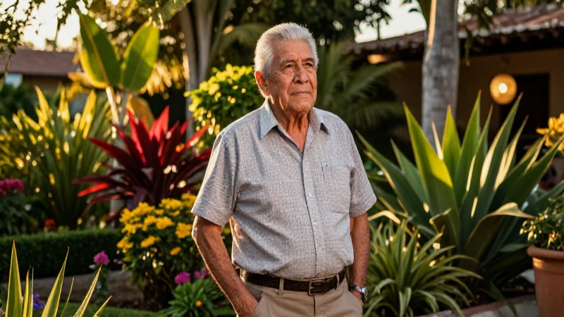 Hombre mexicano mayor en jardín dorado