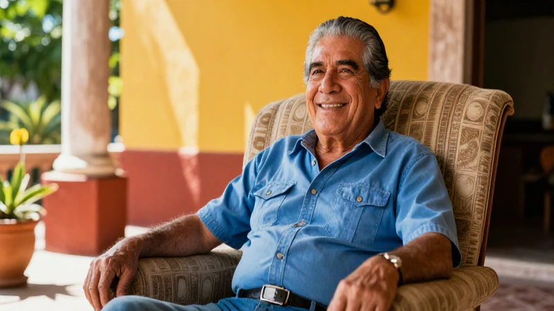 Hombre sonriente en vibrante patio mexicano soleado