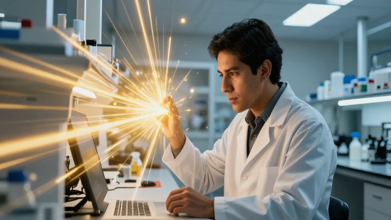 Sabio mexicano en laboratorio con luz dorada