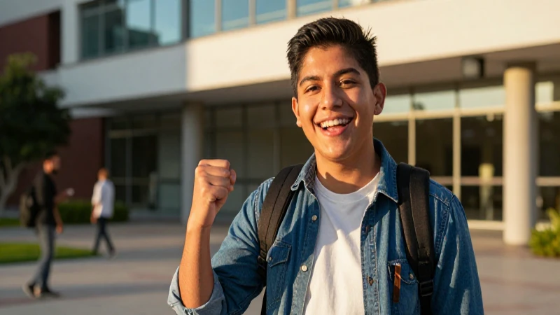 Estudiante mexicano con energía, ambiente académico vibrante y profesional