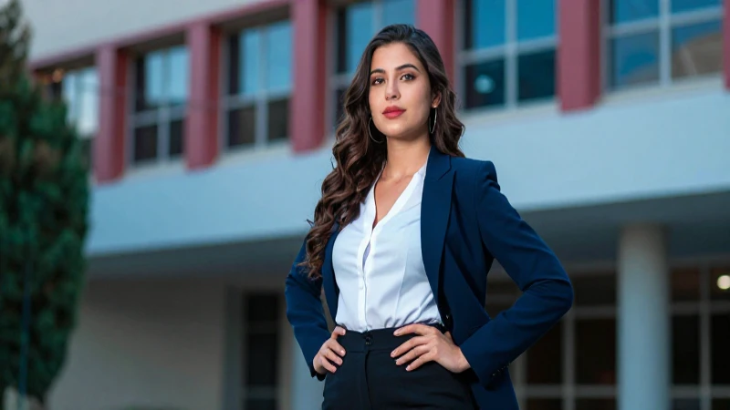 Joven mexicana profesional en un campus vibrante