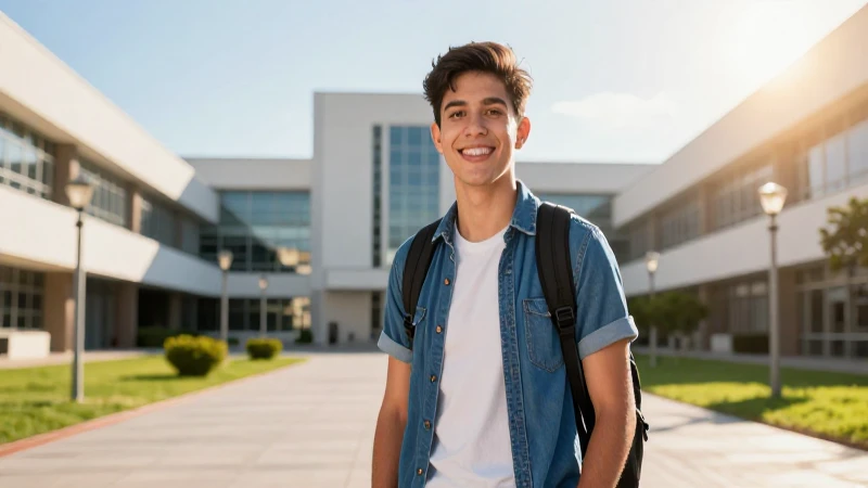 Estudiante sonriente en universidad al atardecer