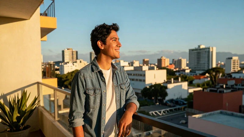 Joven exitoso contempla México al atardecer