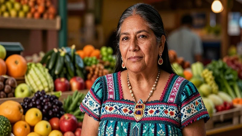 Madre mexicana hermosa con frutas y vegetales frescos