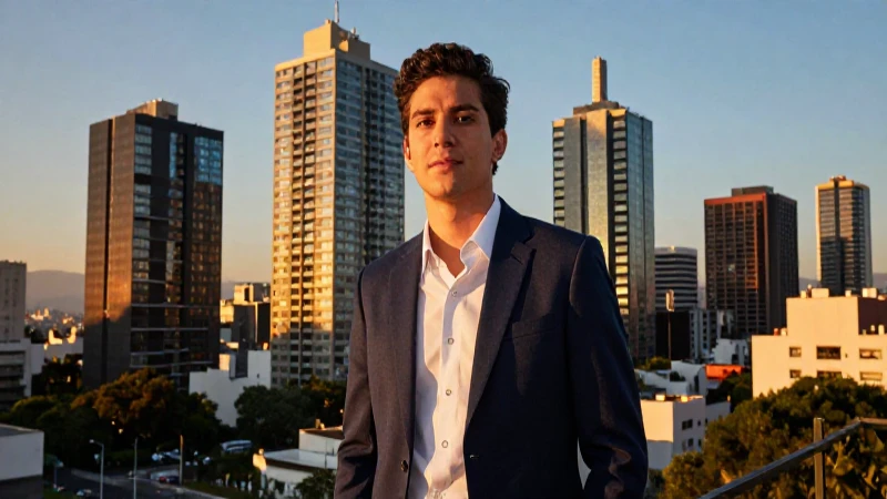 Profesional joven en CDMX al atardecer vibrante