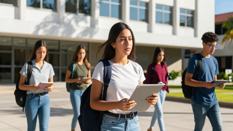 Estudiante mexicano en campus moderno con luz cinematográfica