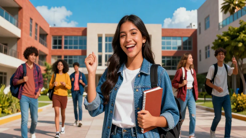 Estudiante mexicano exitoso en campus moderno