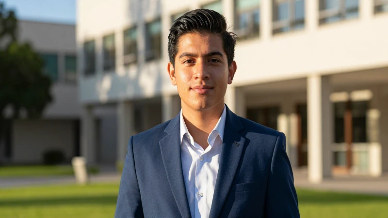 Joven profesional mexicano sonríen en campus moderno