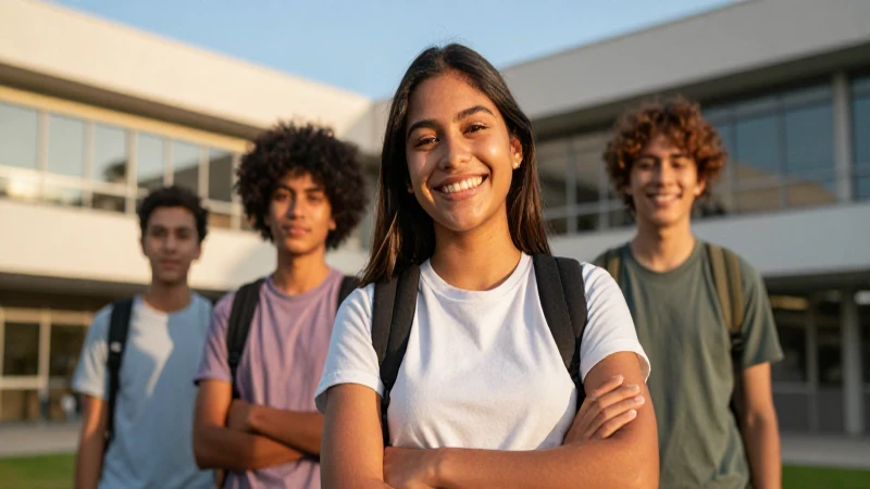 Estudiante mexicano sonriente en campus moderno