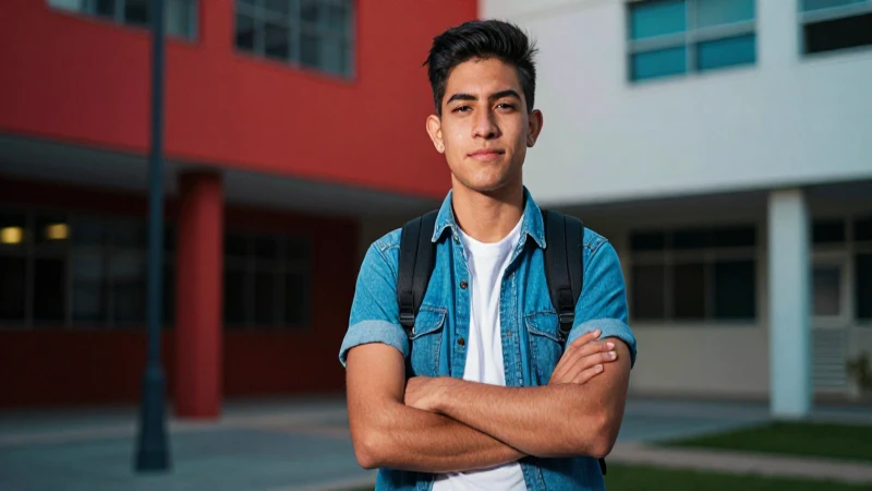 Joven estudiante mexicano con energía en campus moderno