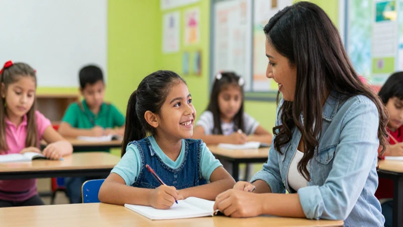 Niño mexicano feliz interactúa con su maestra en clase