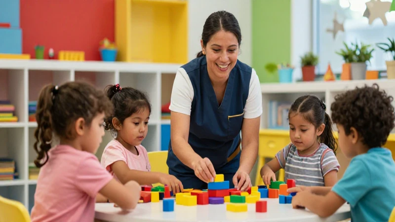 Cuáles son los requisitos para ser auxiliar de guardería 2 Asistente latina feliz con niños jugando en aula moderna