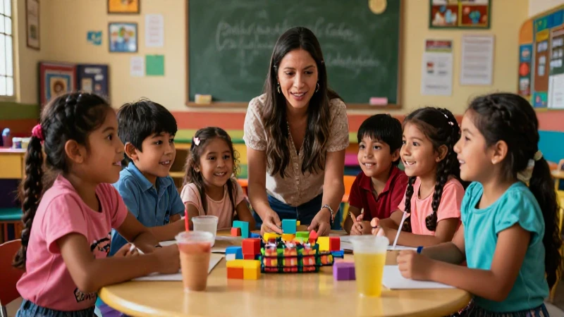 Niños felices y maestra en aula mexicana
