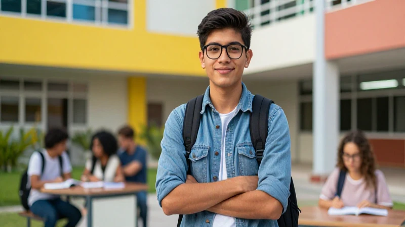 Estudiante mexicano confiado en campus moderno