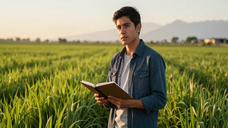Joven mexicano en campo verde al atardecer