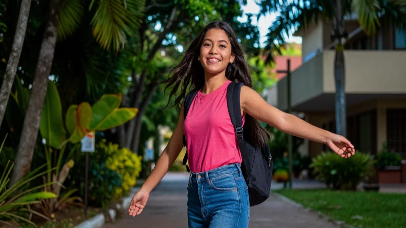 Joven mexicana sonríendo en campus vibrante