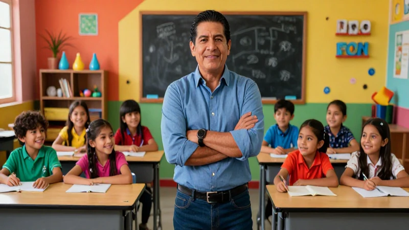 Director y niños felices en aula mexicana