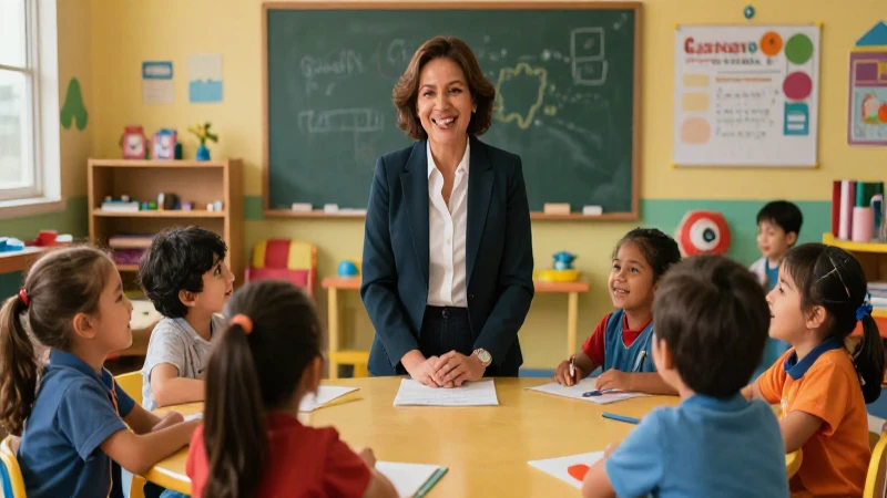 Docente mexicano en aula con niños sonrientes