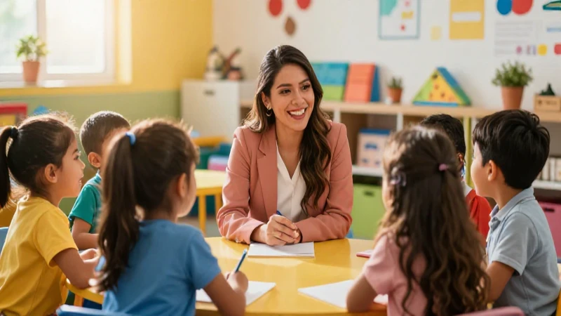 Educadora mexicana alegre interactúa con niños diversos