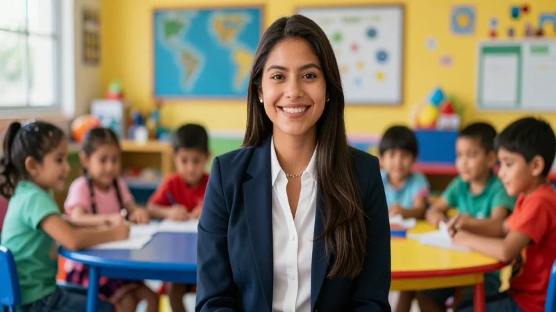 Maestra mexicana y niños felices sonríen