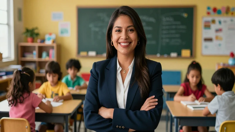Educadora mexicana sonriente enseña en un aula vibrante