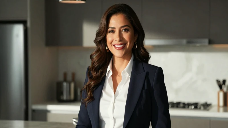 Retrato vibrante de mujer mexicana sonriente en cocina moderna