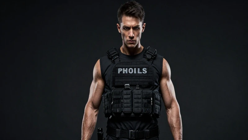 Joven musculoso, uniforme táctico, enfoque intenso y cinematográfico