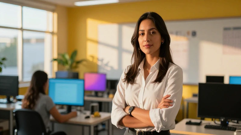 Maestra mexicana profesional en entorno educativo moderno