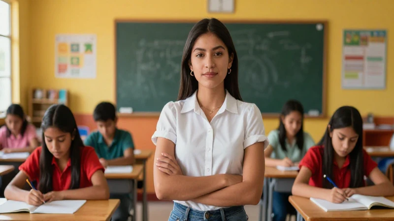 Maestra mexicana vibrante en aula moderna