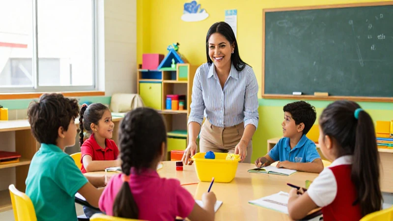 Maestra mexicana interactúa con alumnos felices