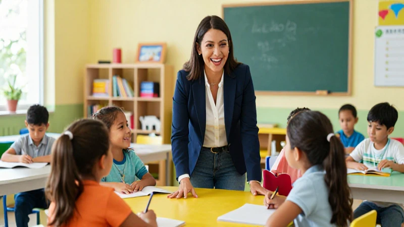 Maestra mexicana profesional enseña en aula vibrante