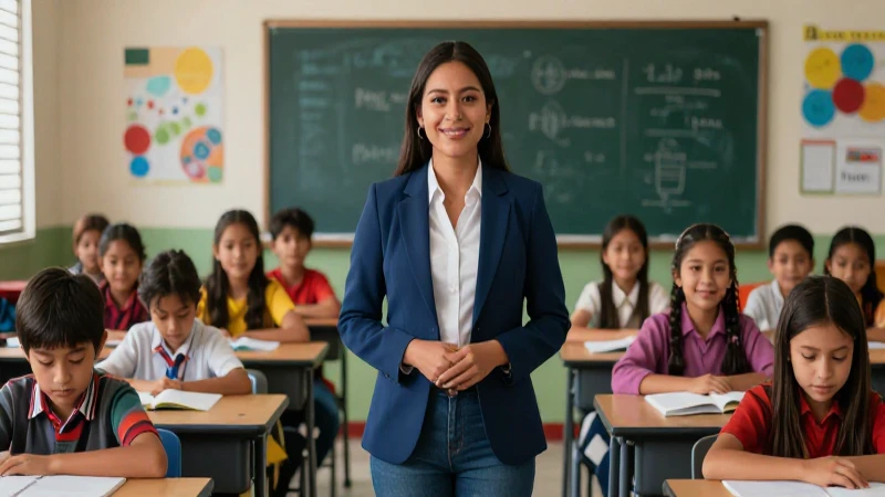 Maestro mexicano enseñando en aula vibrante y moderna