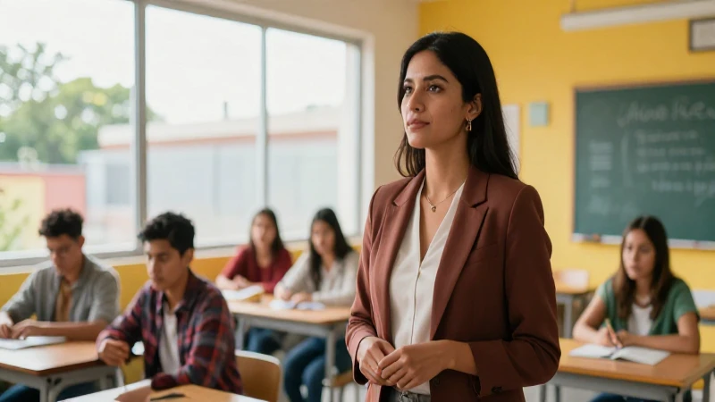 Maestra mexicana en aula vibrante y moderna
