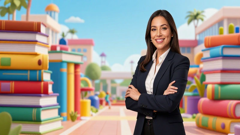 Profesora mexicana vibrante en campus moderno