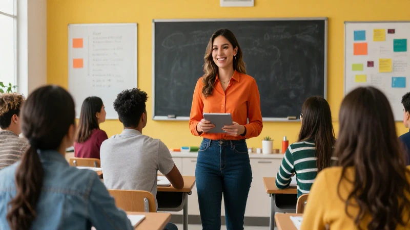 Educadora mexicana moderna en aula vibrante