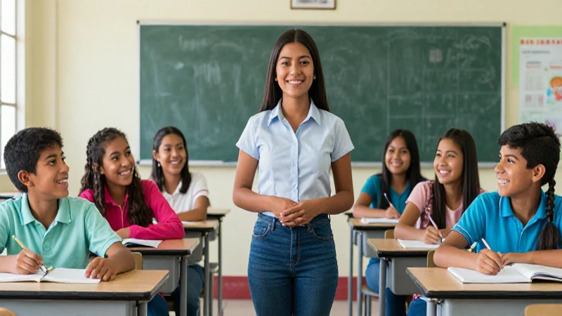 Joven educadora mexicana guía estudiantes felices