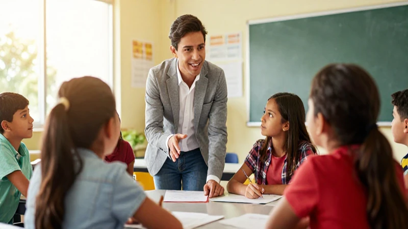 Mentor mexicano educando en aula moderna