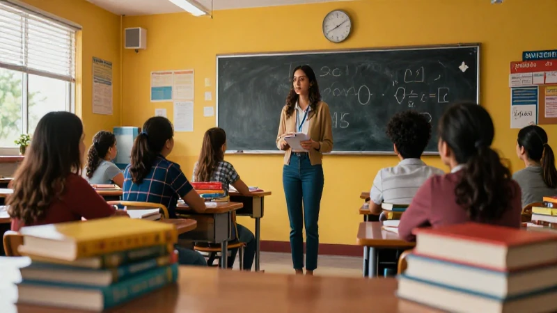 Educador joven mexicano dinámico en un aula vibrante