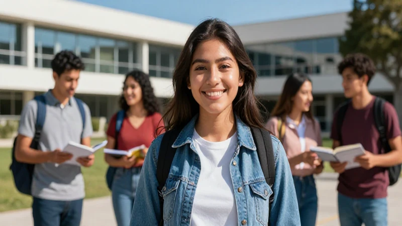 Estudiante mexicano exitoso en campus moderno