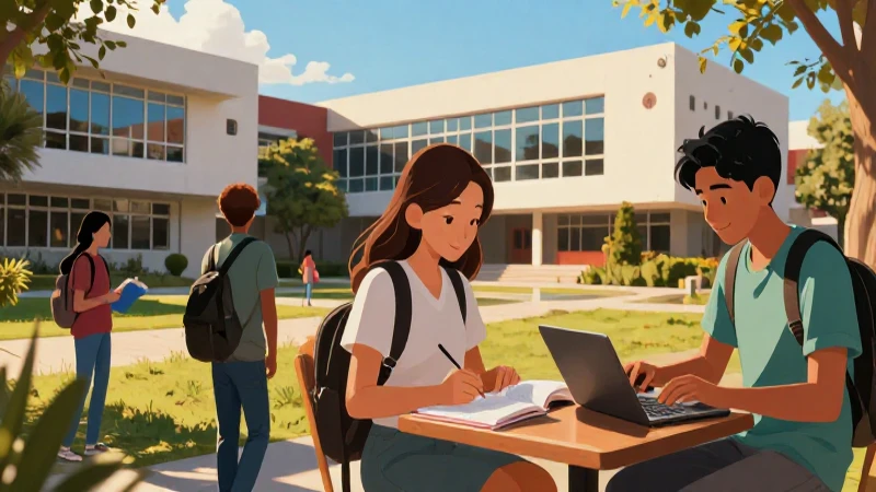 Estudiante mexicano en campus dorado moderno