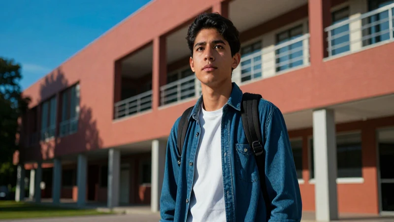 Retrato cinemático de joven mexicano en campus