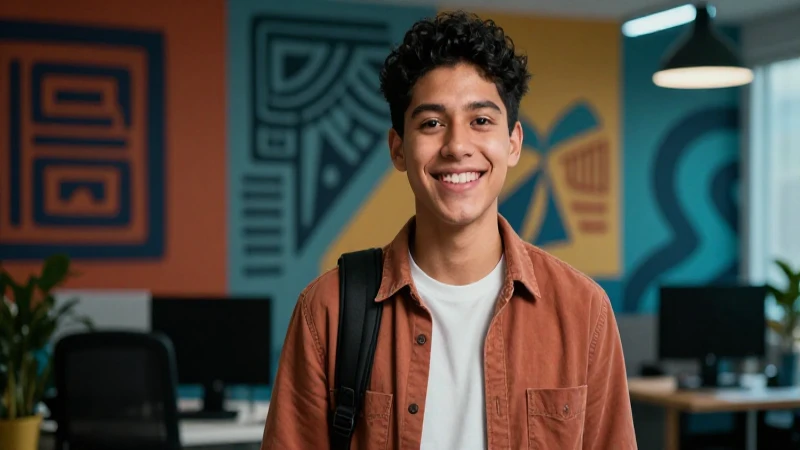 Estudiante mexicano sonriente en oficina moderna y abstracta