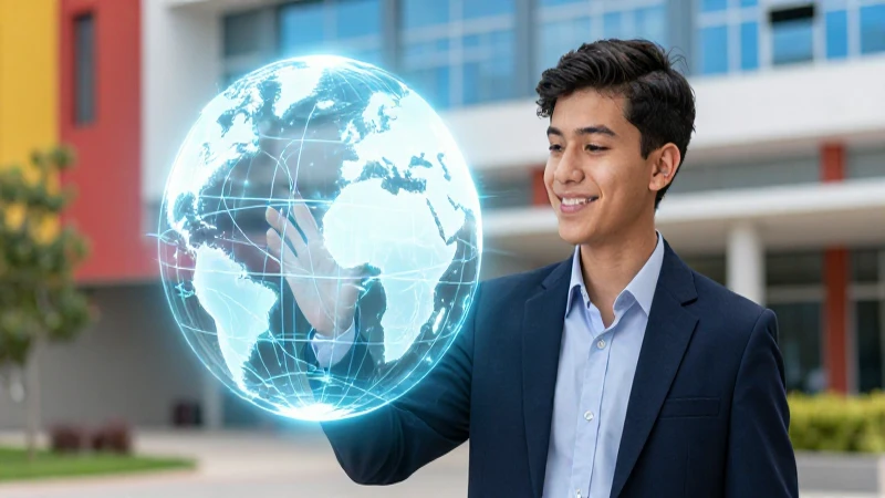 Estudiante sonriente interactúa con un globo global