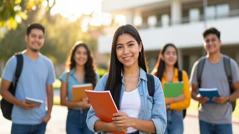 Estudiante sonriente en campus universitario al atardecer