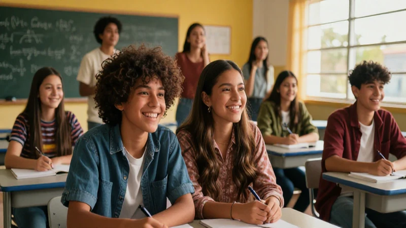 Jóvenes mexicanos alegres en aula moderna