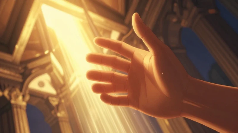 Mano estilizada hacia luz dorada en fondo arquitectónico