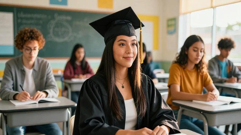Estudiante mexicano con toga en un aula moderna