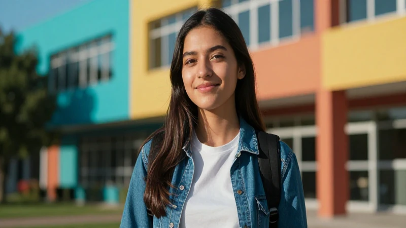 Estudiante ambicioso en campus moderno y vibrante