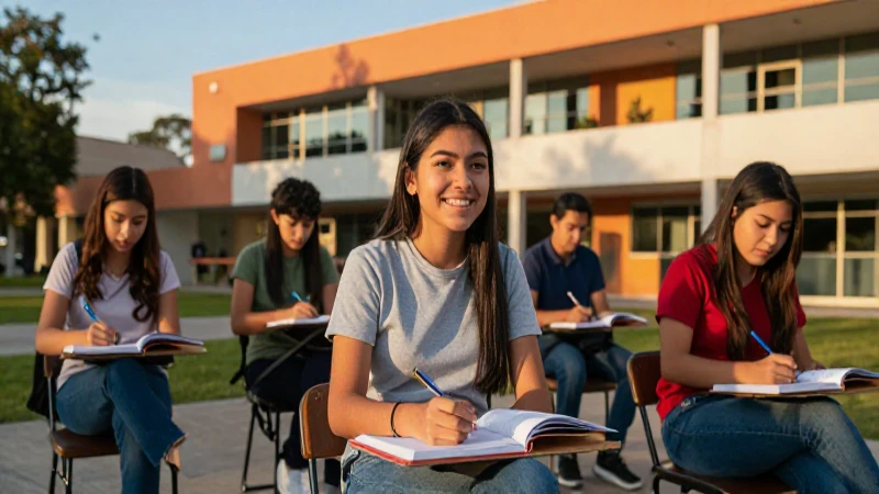 Estudiantes mexicanos diversos en campus moderno