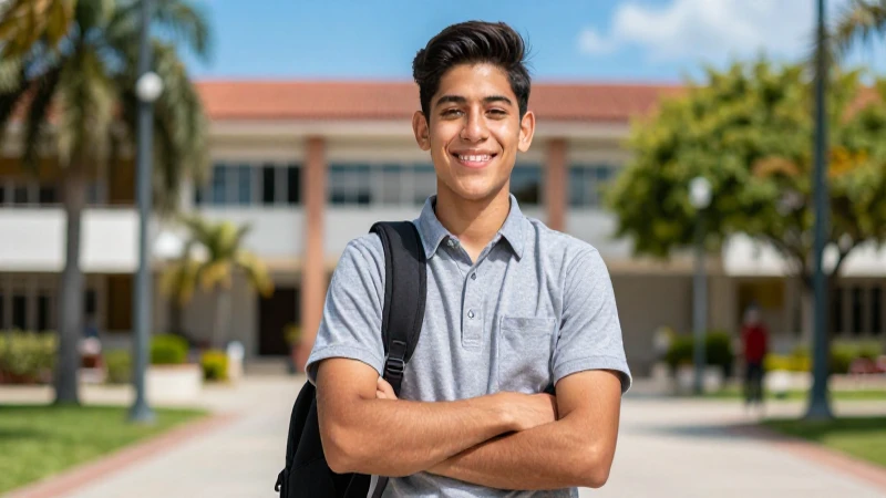 Estudiante mexicano sonriente en vibrante campus